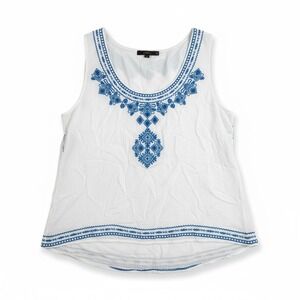 THML Boho Embroidered Tank Top XL White Blue Rayon Cottagecore